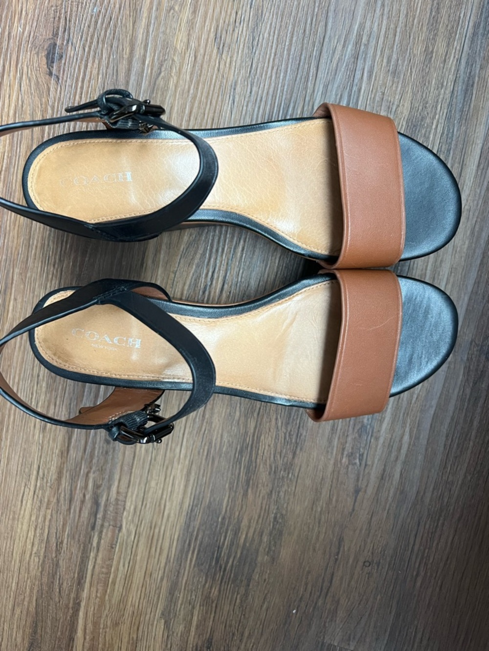 COACH Two-Tone Black & Brown Leather Ankle Strap Sandals